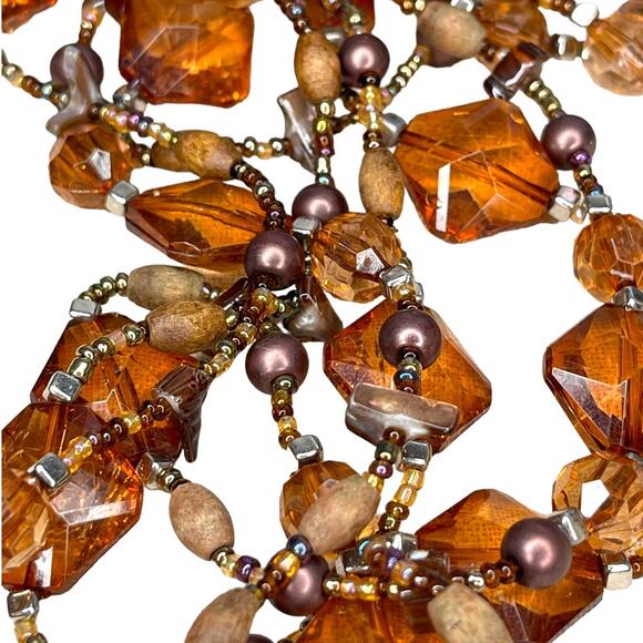 Beaded Three Strand Necklace and Earring Set Amber Color Beads and Shell - Picture 1 of 10